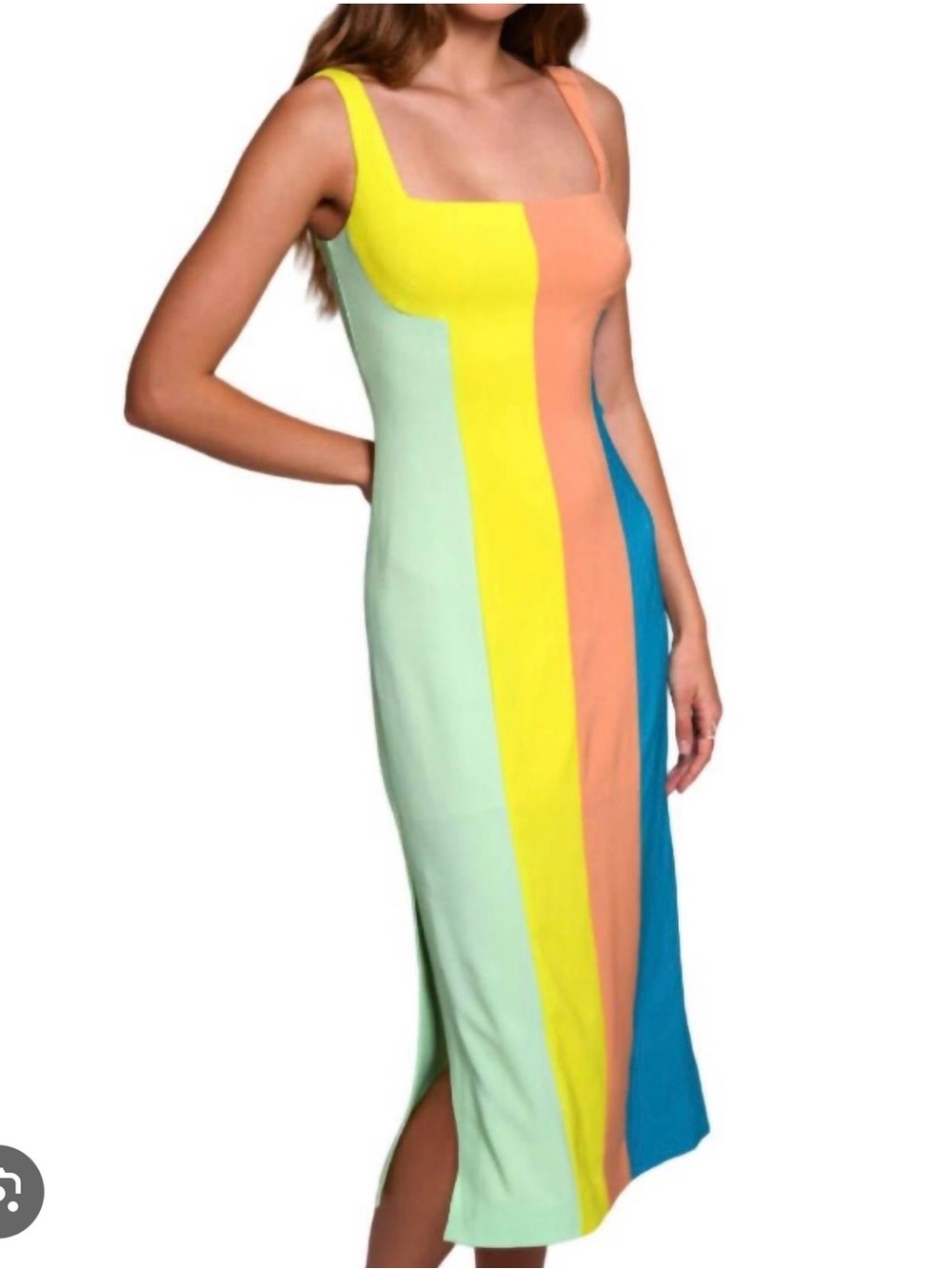 Hutch Hensley Colorblock Midi Dress in Pastel Yellow, Peach & Blue
